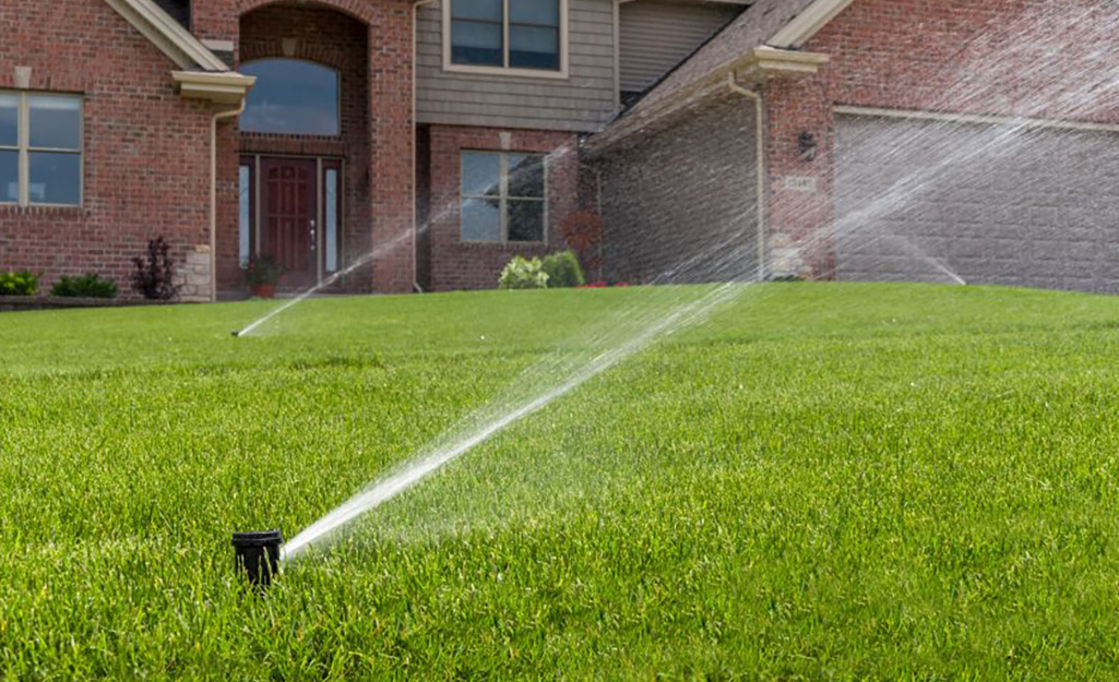 Multiple sprinklers spray water over a large green lawn.
