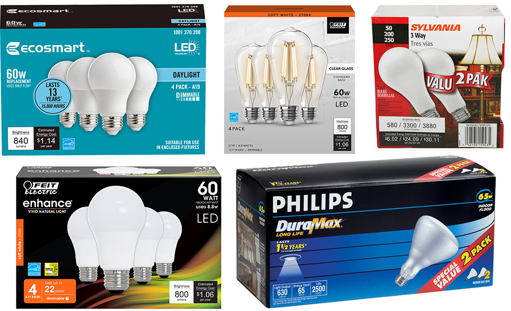 A sampling of incandescent and LED packaged bulbs.