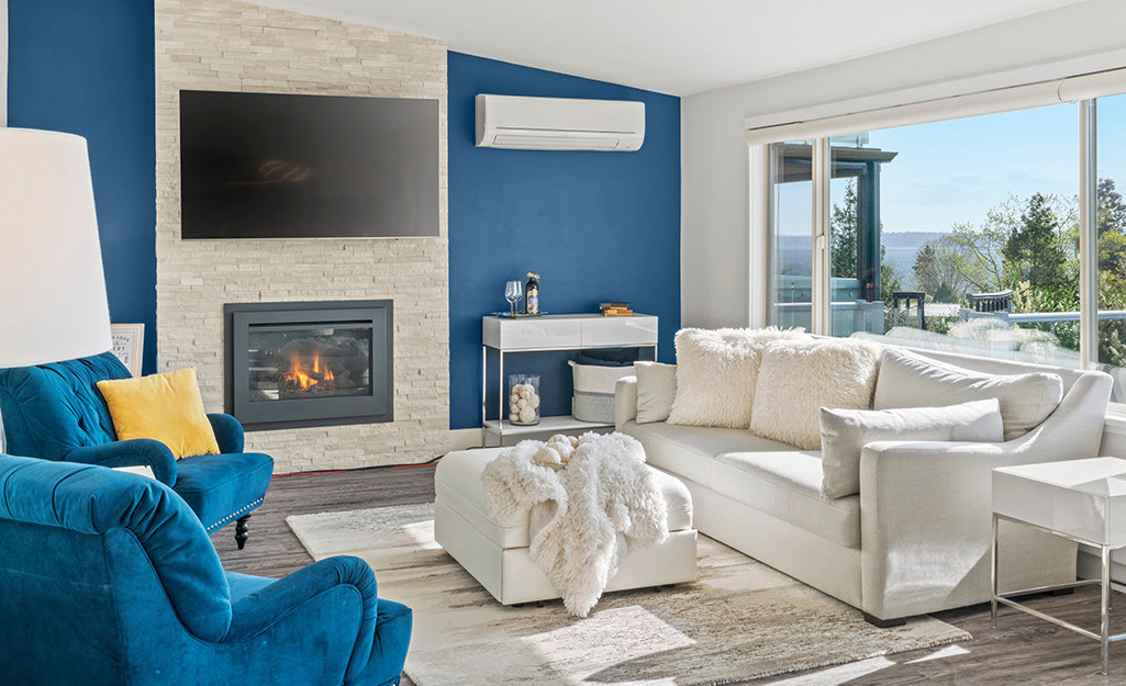 A blue and white living room color scheme.