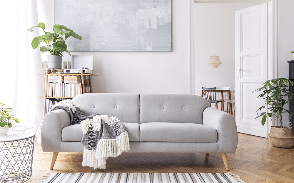 Sunlight shines through sheer white curtains in a living room decorated with three potted plants and soft sofa with textured throw.