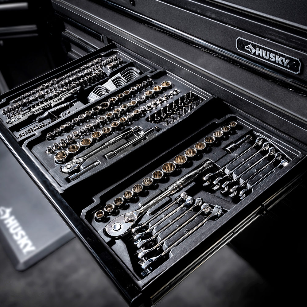 A tool set in a tool box drawer.