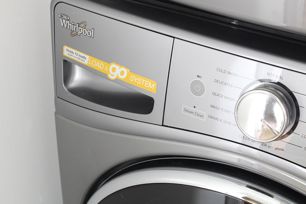 A Whirlpool load and go front load washing machine.