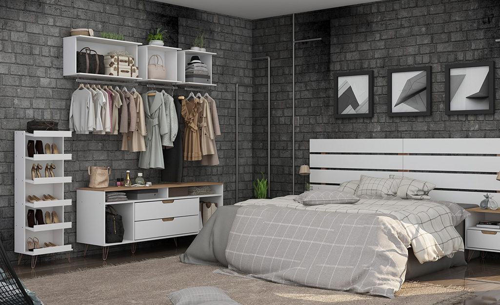 Modern room with an open closet and shoe storage.