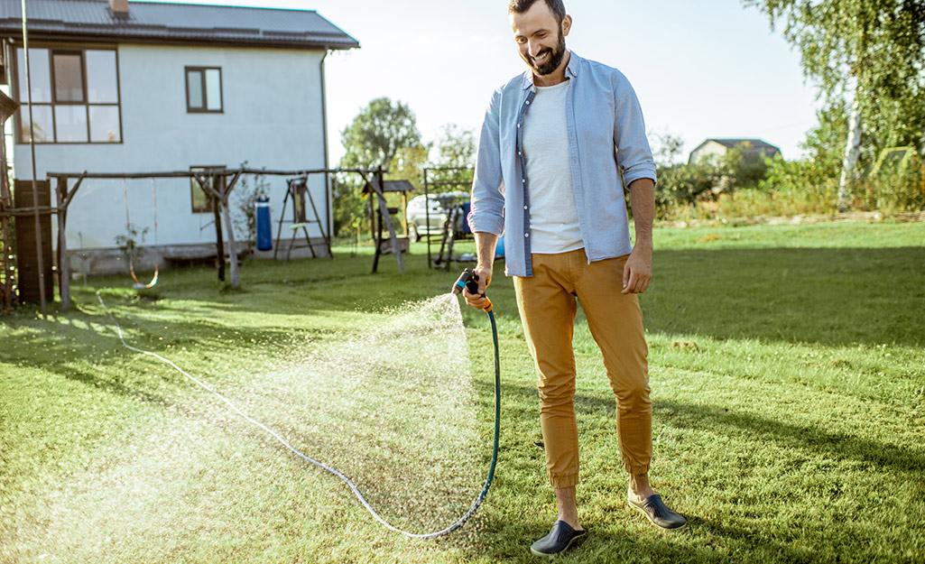 A homeowner watering his lawn with a garden hose.