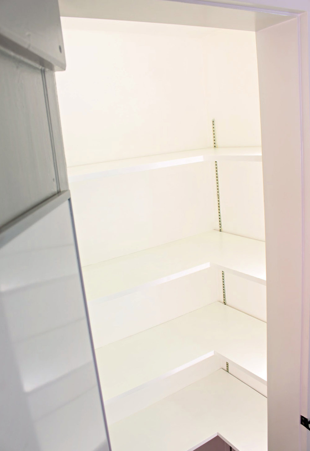 An empty pantry with painted white satin finish shelves.