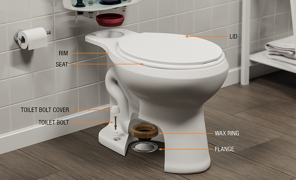 An illustration shows the labelled parts of a toilet bowl, including the rim, seat, wax ring and flange.