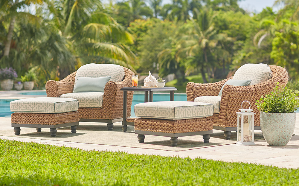 tan brown wicker poolside lounge set with cushions and ottomans tan brown wicker poolside lounge set with cushions and ottomans