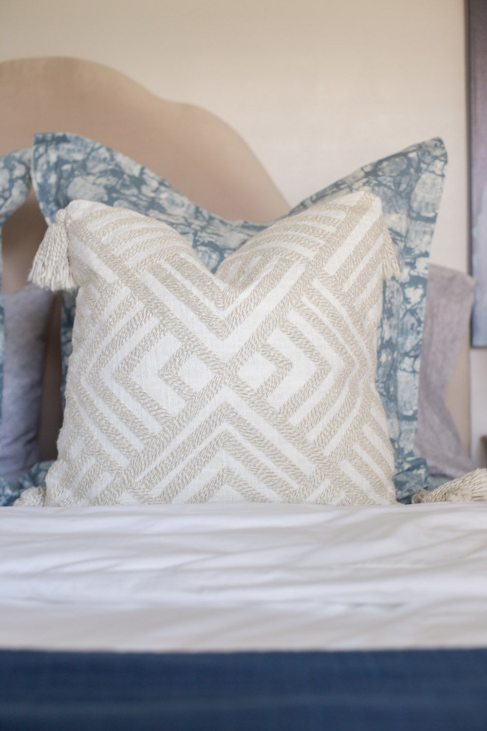 A pair of decorative pillows sitting on a bed.