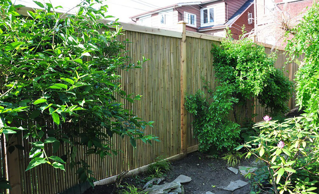 Pieces of cut bamboo make up the panels of a backyard privacy fence