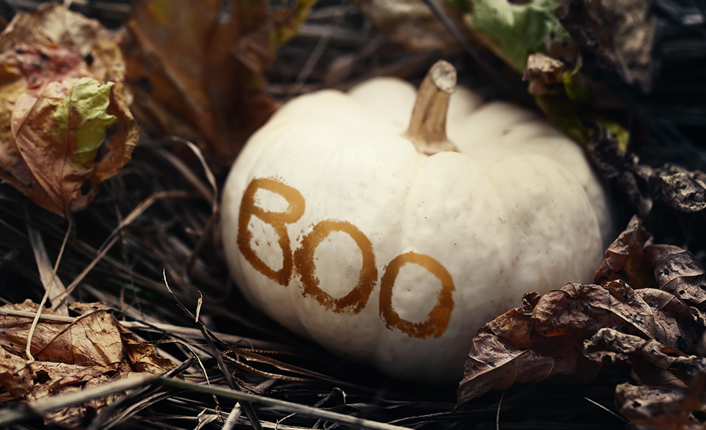 A pumpkin painted with a white base with the word "BOO" in gold paint.