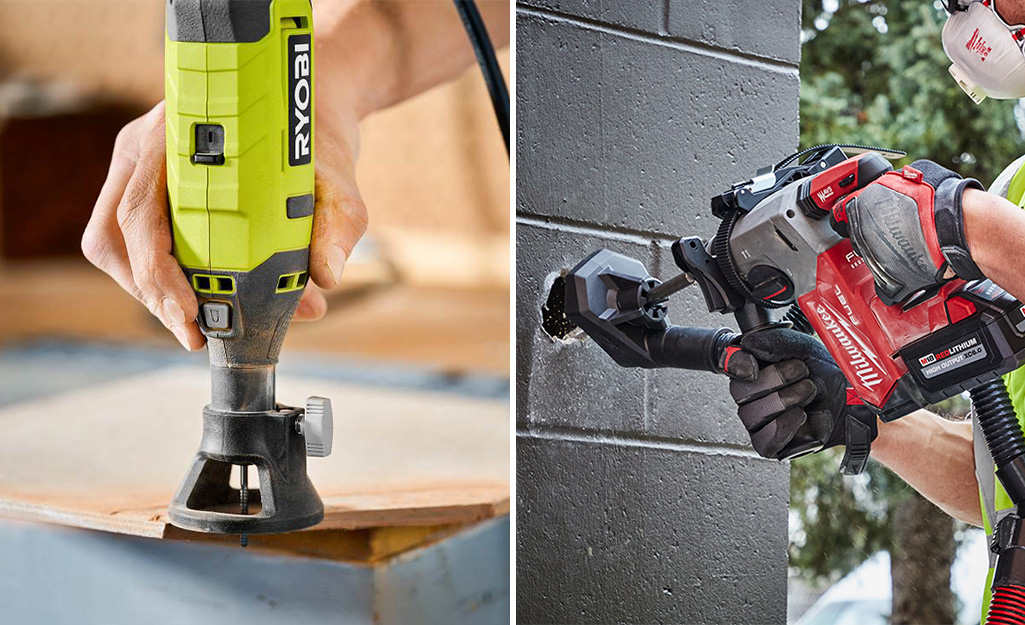 Two pictures of people using rotary tools.