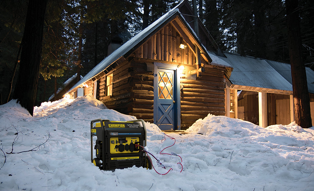 A generator in a snowbank powering a log cabin, A generator in a snowbank powering a log cabin,
