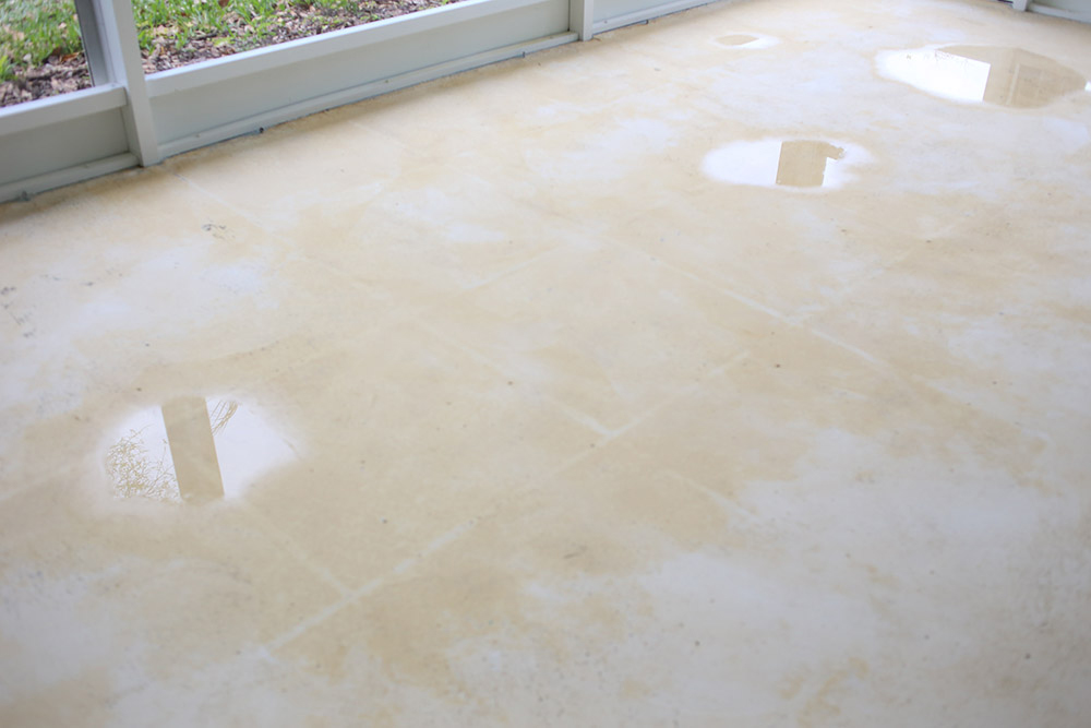 A concrete patio floor that is wet from being power washed. A concrete patio floor that is wet from being power washed.