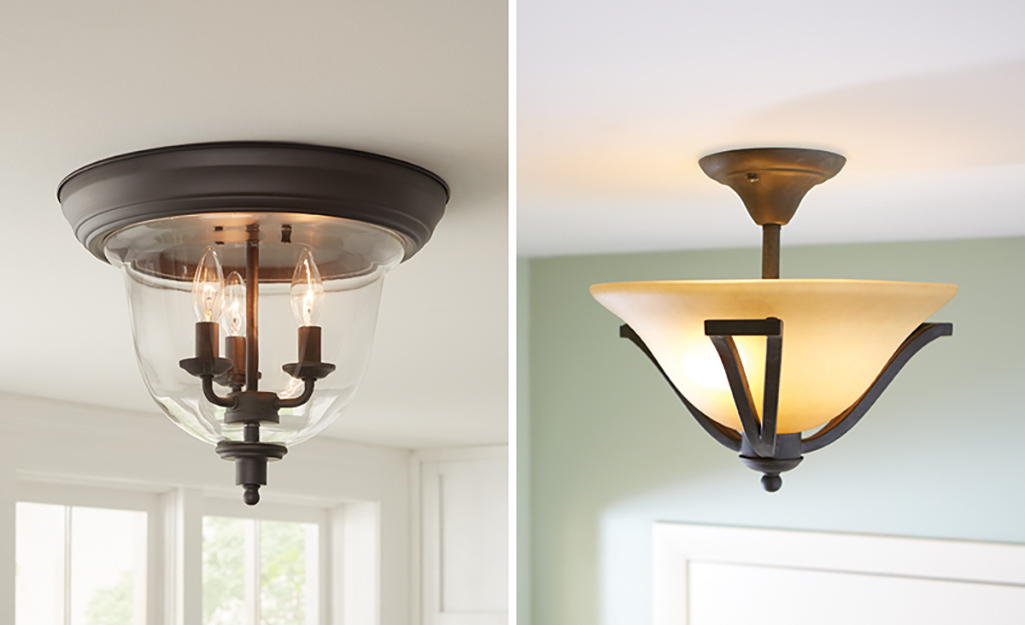 A side-by-side of flush and semi-flush mount lighting featuring different finishes.