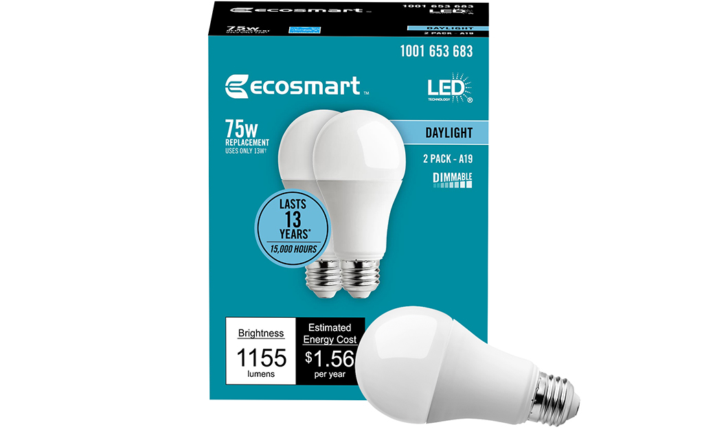 A 75-watt daylight LED bulb and it's packaging.