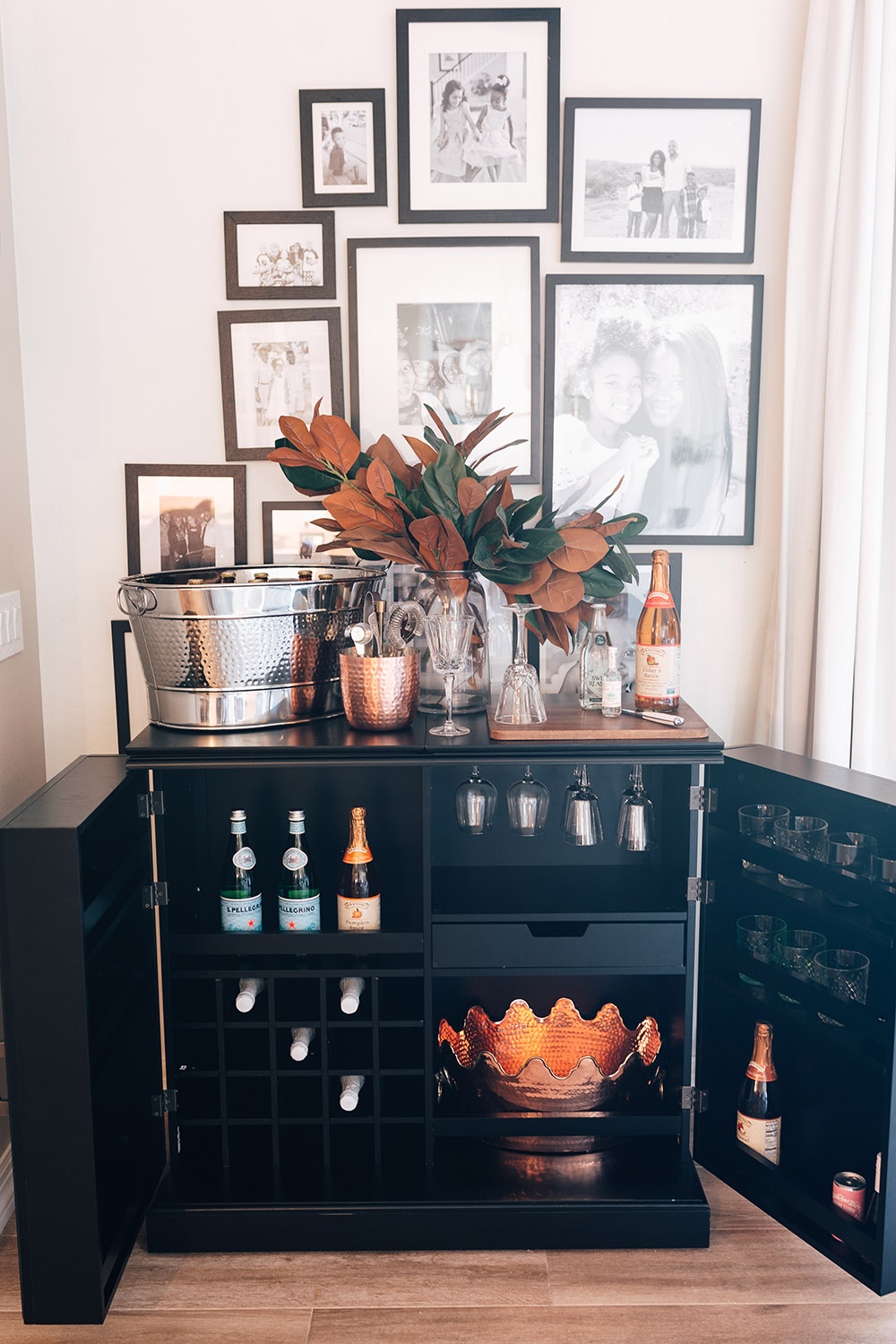 An open bar cabinet featuring the storage space.