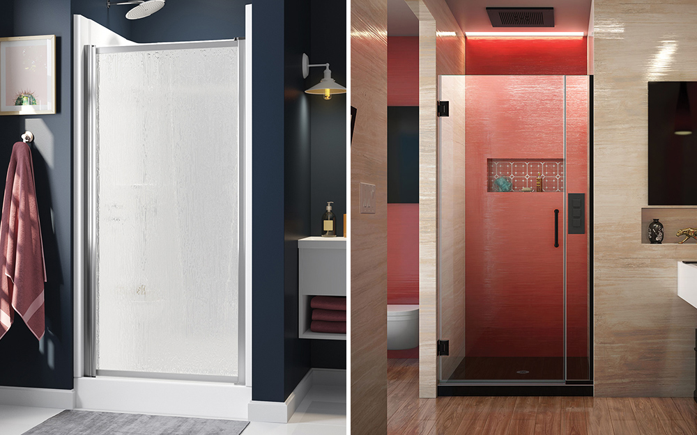 A comparison of a shower with frosted glass doors and a shower with a clear glass door.