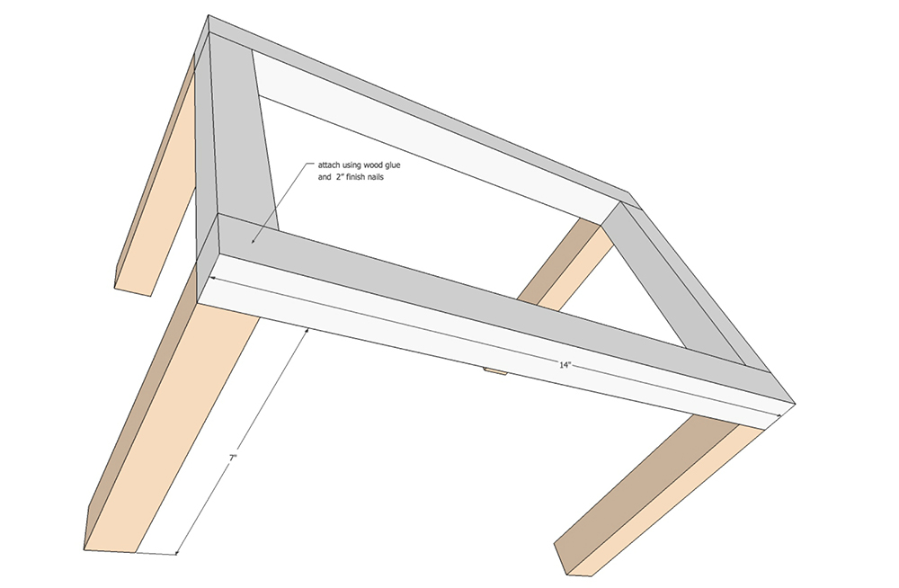 A diagram showing where to attach the cross supports to side panel of the DIY wooden lantern.
