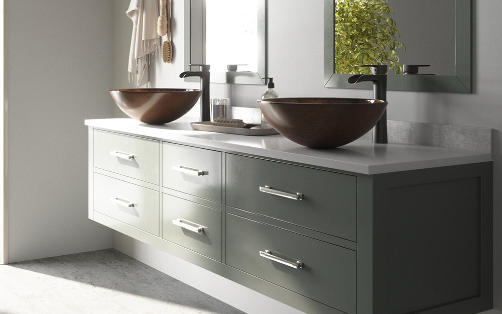 A floating double vanity with copper bowl sinks