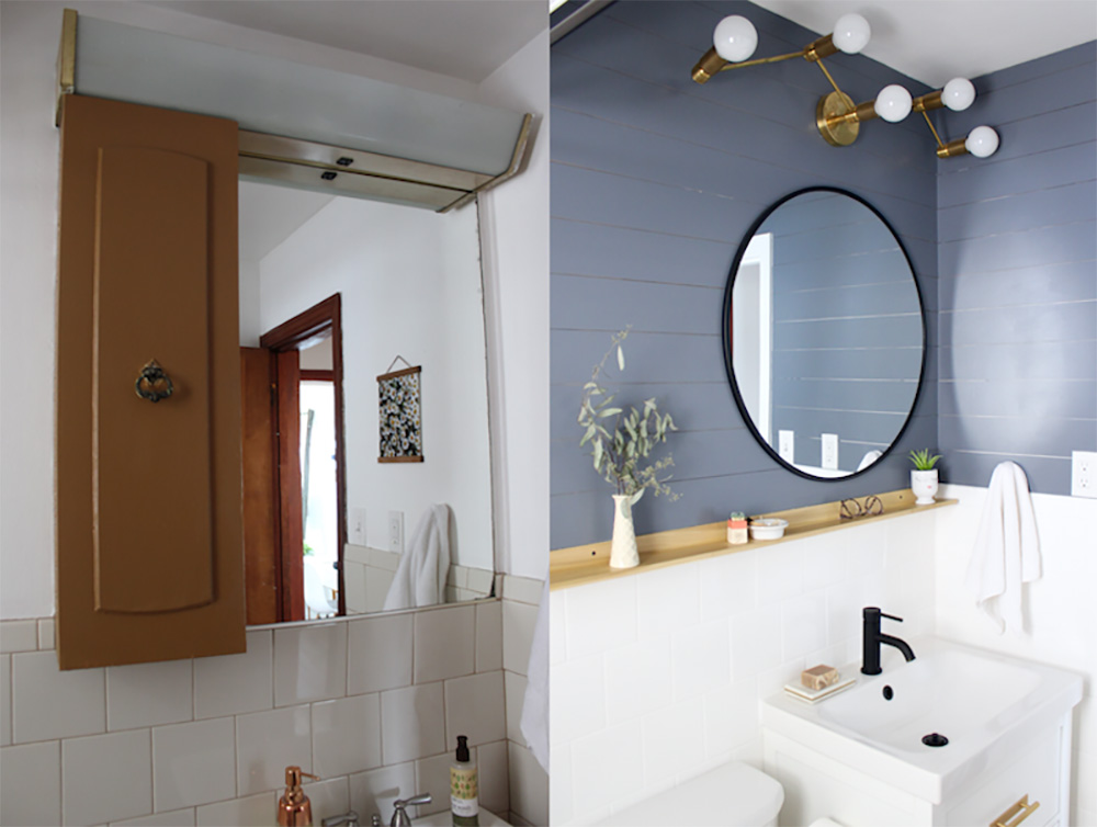 A bathroom wall before and after with painted tile and a shiplap wall.