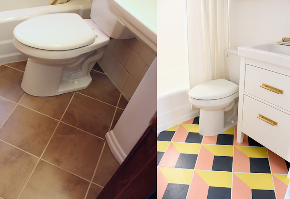 A before and after comparison of a painted tile bathroom floor.