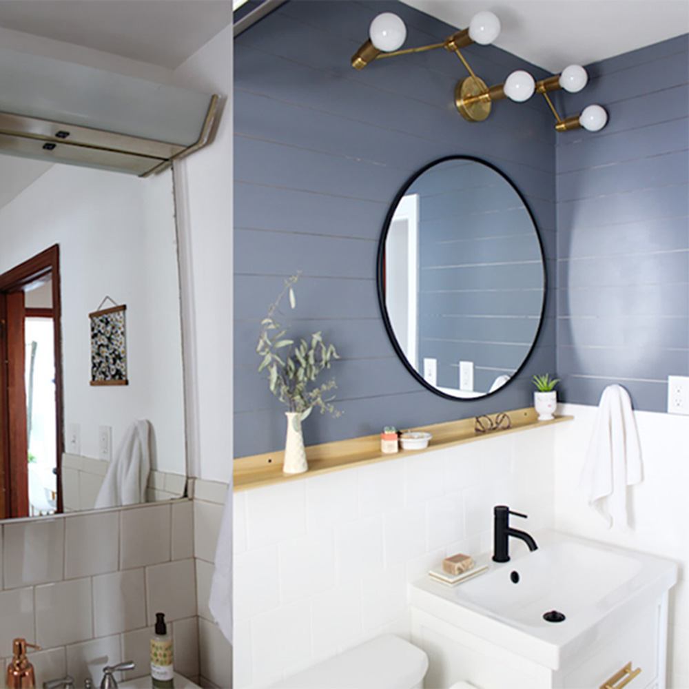 A bathroom vanity area before and after being renovated.