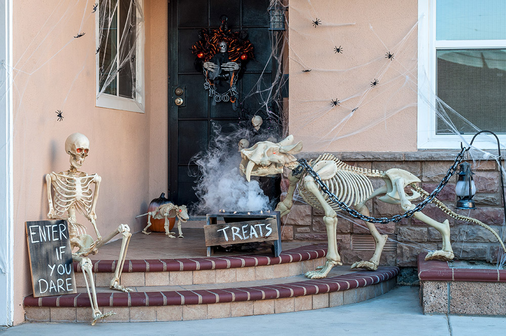 A skeleton and sabre tooth cat decorate a small porch for Halloween.