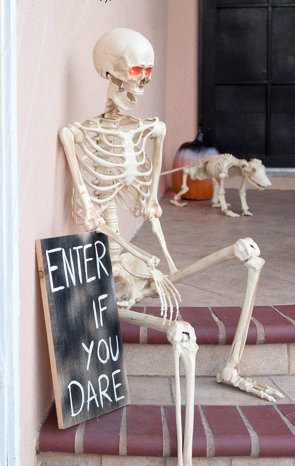 A skeleton sits next to an enter if you dare sign.