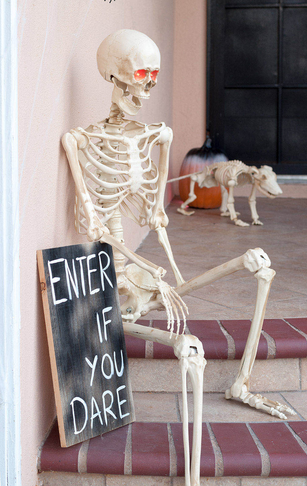 A skeleton sits next to an enter if you dare sign. A skeleton sits next to an enter if you dare sign.