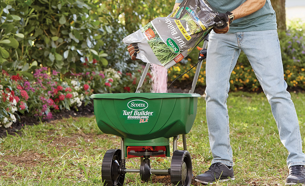 A person adds fertilizer to a spreader before fertilizing a lawn.