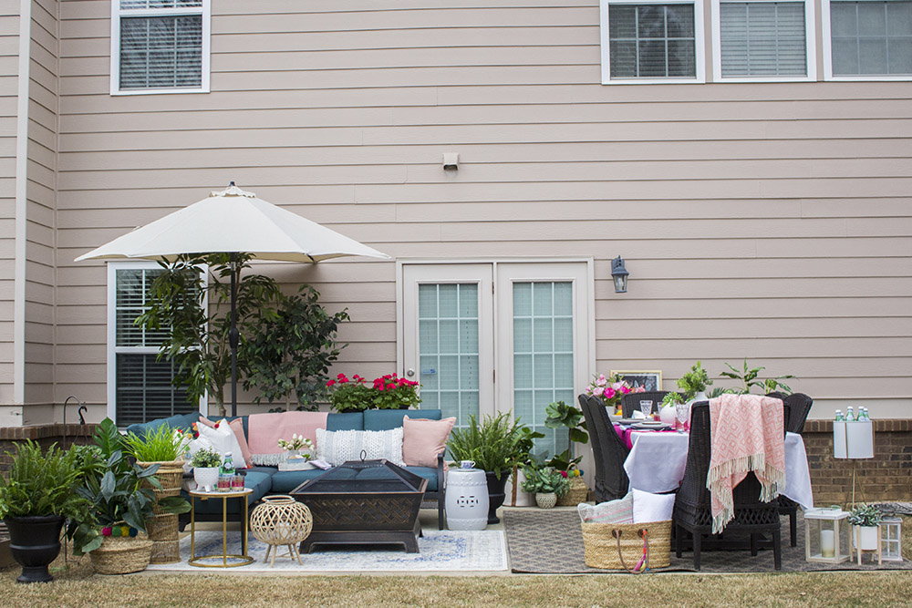 A Spring patio ready for entertaining with two seating areas. A Spring patio ready for entertaining with two seating areas.