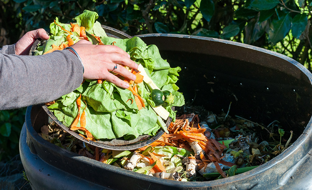 A person adding food scraps to a compost bin.