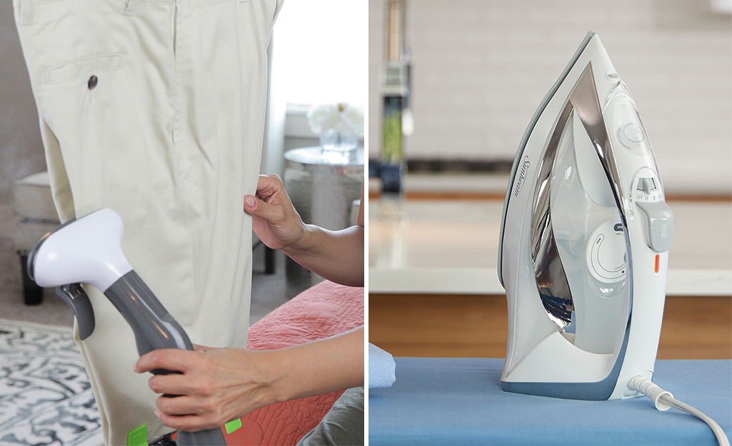 A hand holding a clothes steamer attachment toward a garment on the left; An iron standing upright on an ironing board to the right. 