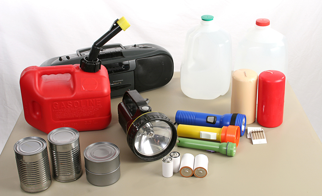 Battery-operated flashlights, water jugs, gas tanks and canned food.
