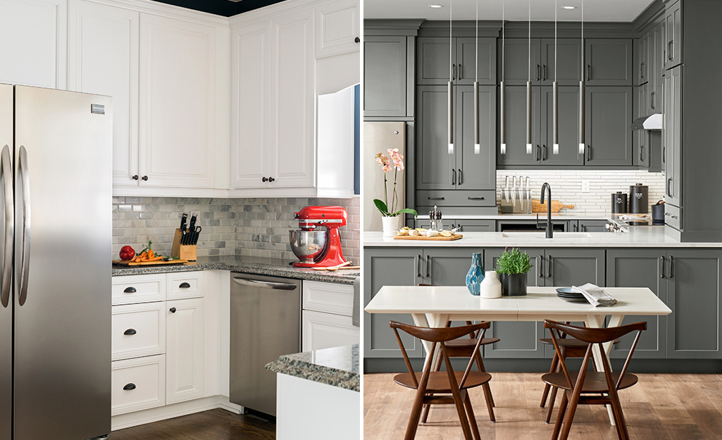 A side-by-side comparison of two kitchens, one featuring stock cabinets and the other with custom cabinets.