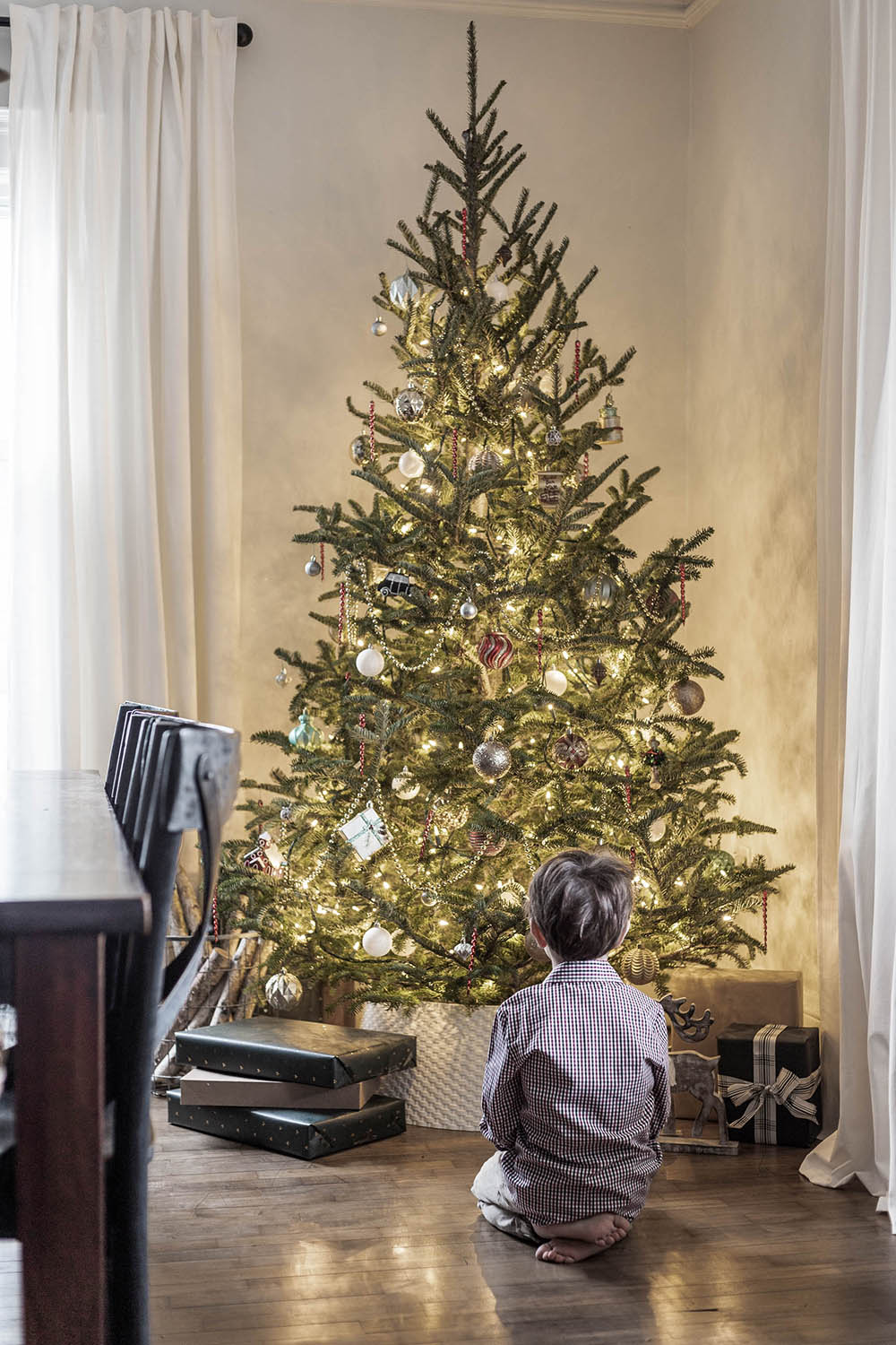A child with his back turned starting at a lighted Christmas tree.