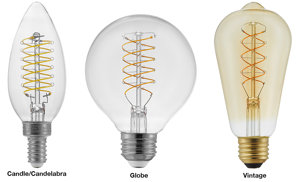 A profile of a candle, globe and vintage decorative LED light bulb shapes.