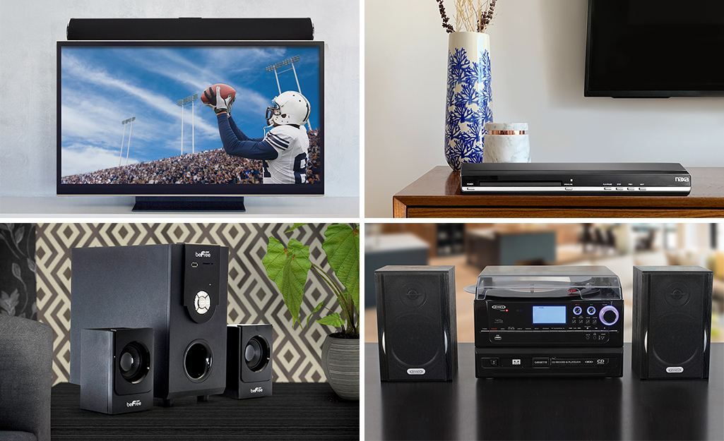 Electronics using audio cables include, clockwise from left: A flat screen TV, DVD player, stereo receiver and surround sound speakers.