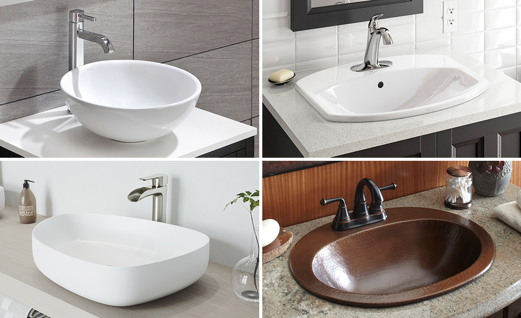 A collage of images showing different bathroom sink sizes and shapes.