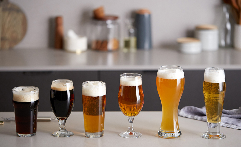 An assortment of different types of beer glasses.