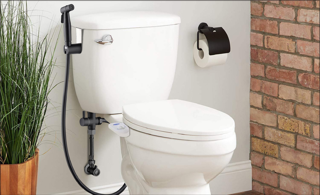 A white toilet with a bidet attachment.