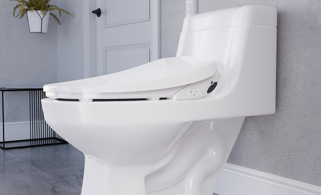 A white toilet with a white bidet toilet seat.