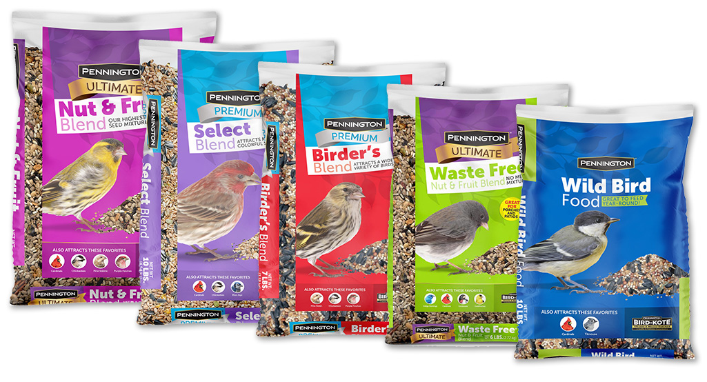 Five types of bird seed in bags sit side by side against a white background.