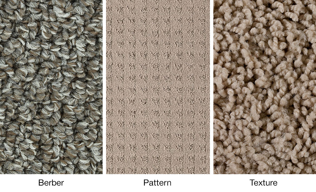 Close up images of berber carpet, pattern carpet and texture carpet are lined up for comparison. 
