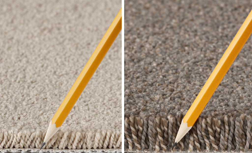 On the left a medium pile carpet comes halfway up the sharpened point of a pencil, and on the right a high pile carpet comes up past the sharpened point of a pencil.