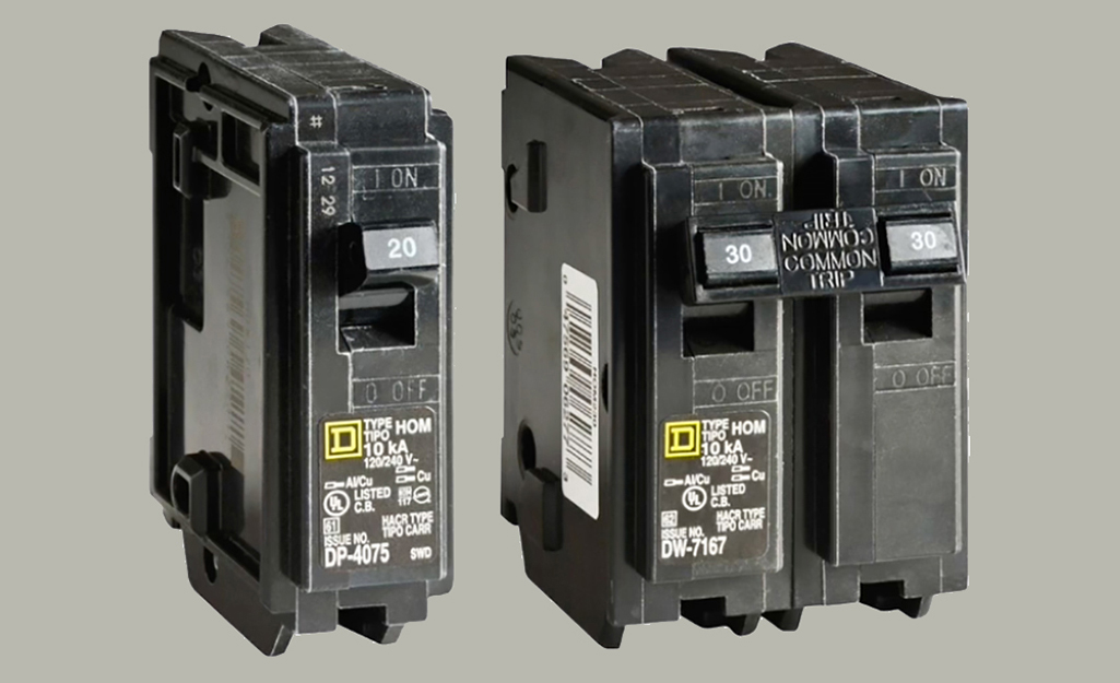 A single-pole and a double-pole circuit breaker.