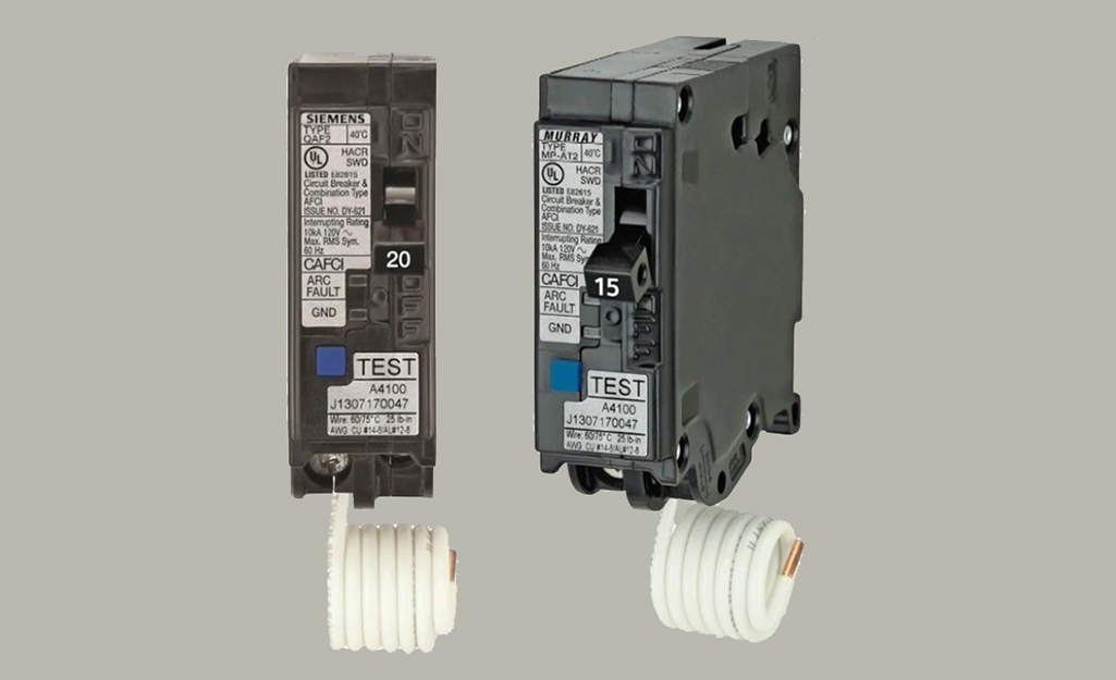 A pair of AFCI circuit breakers.