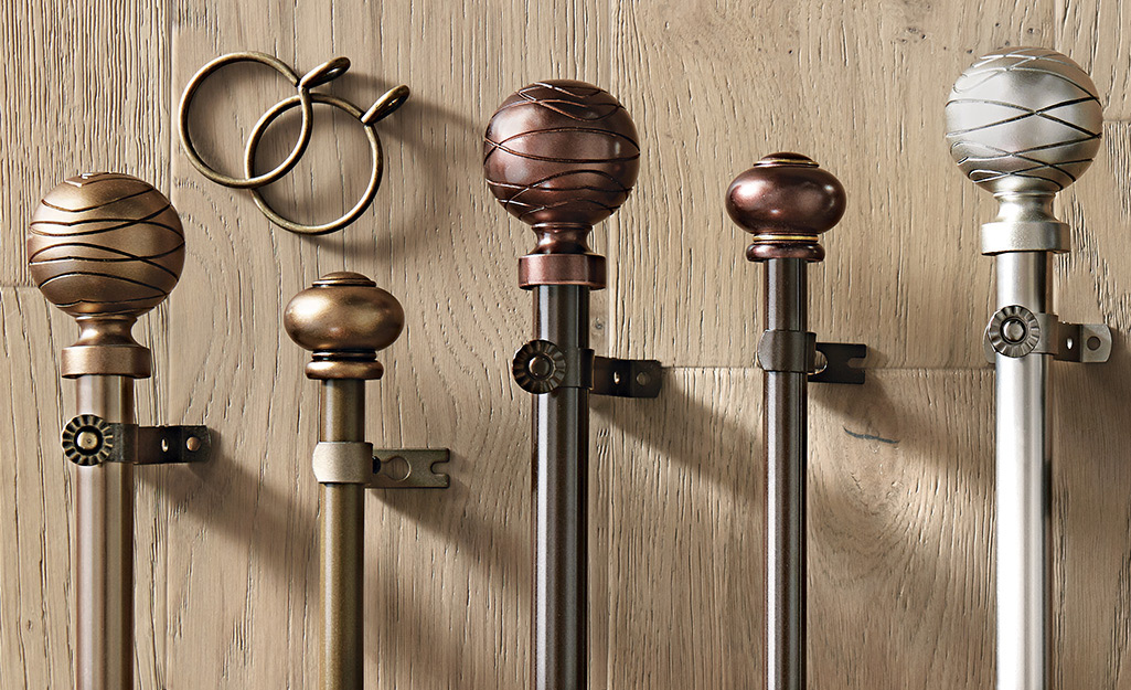 A variety of curtain rod lengths and finishes as well as finials. 