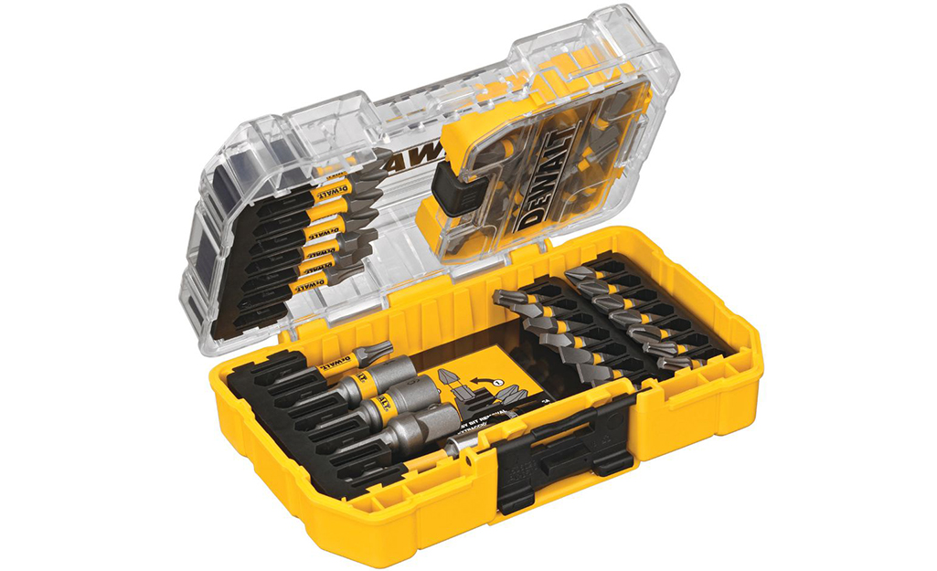 An opened case shows drill bits stored inside.