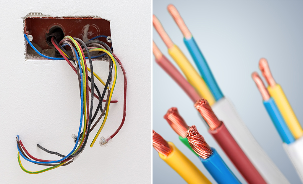 A side by side comparison of cables coming out of walls and an up close view of the individual wires inside a cable.